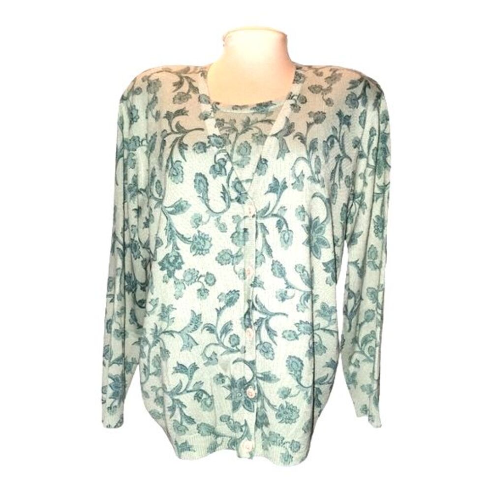 Koret Green Floral Long Sleeve Faux Layered Cardigan‎ Sweater Size L